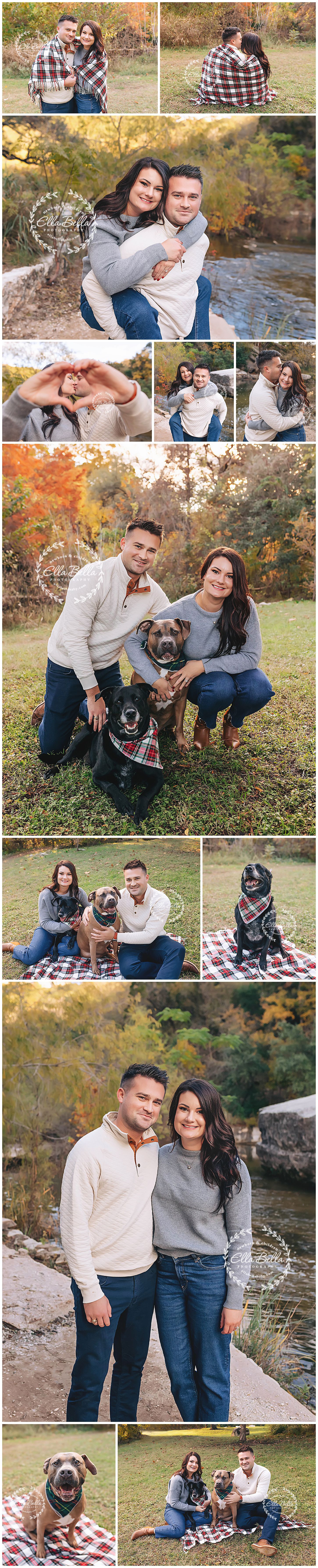 Fall engagement photos featuring couple and their dogs with warm autumn colors in background.