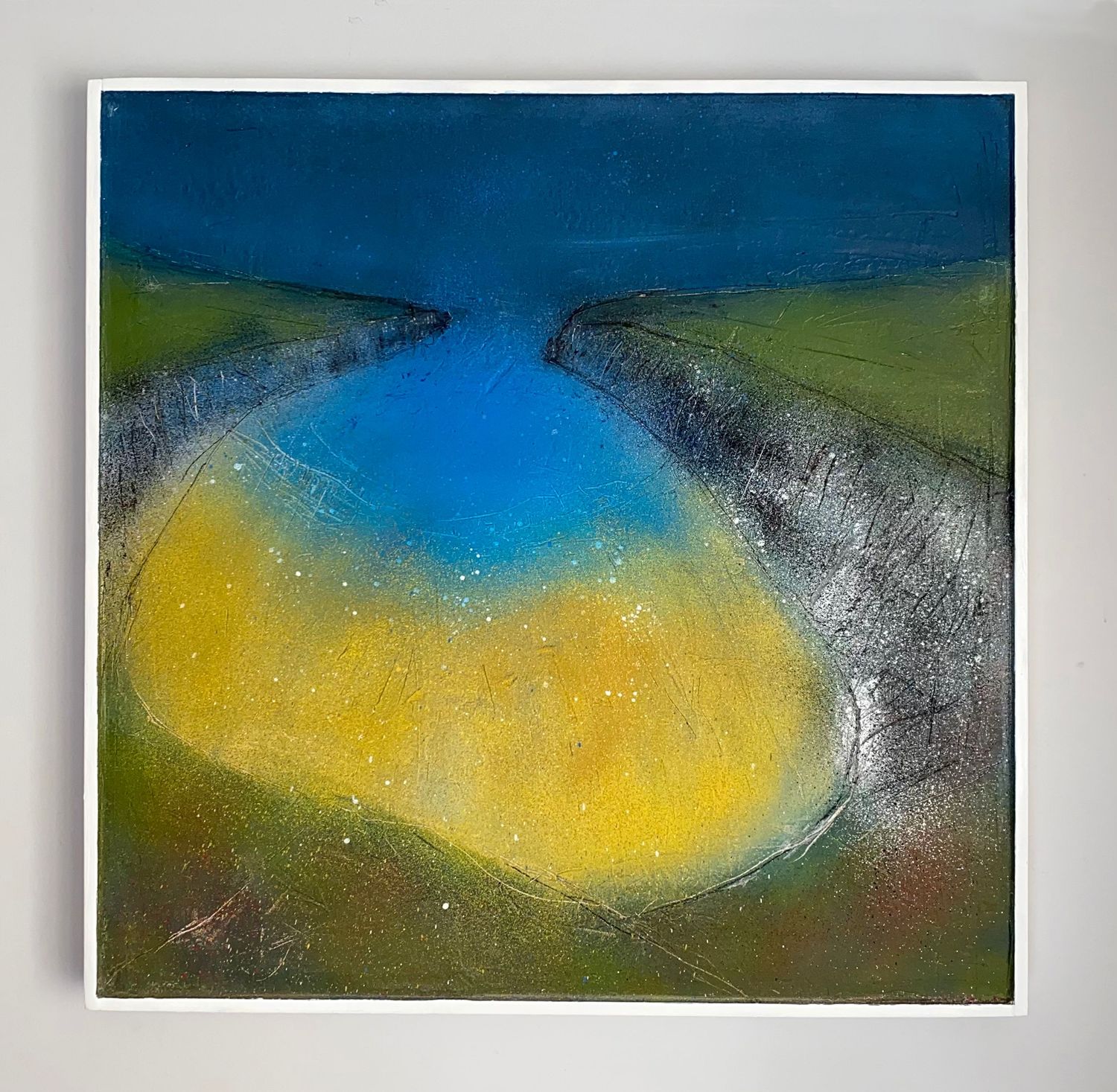 'Sea State VIII' mixed media painting on canvas. Yellow beach surrounded by green cliffs.