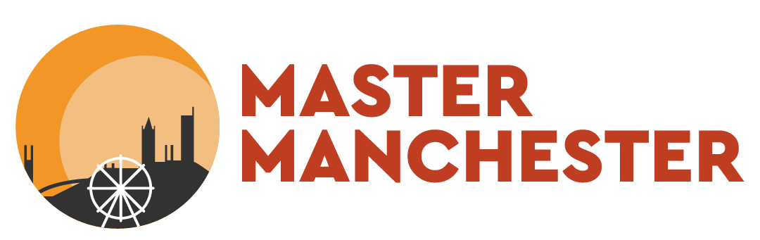 Orange and black logo design featuring Manchester skyline with a wheel silhouette.