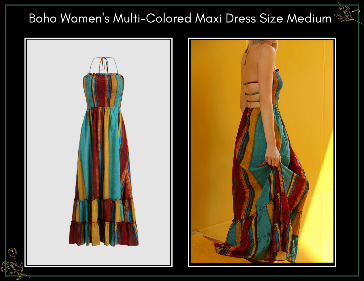 Boho women's multi-colored striped maxi dress size medium, shown in full-length front and side views.