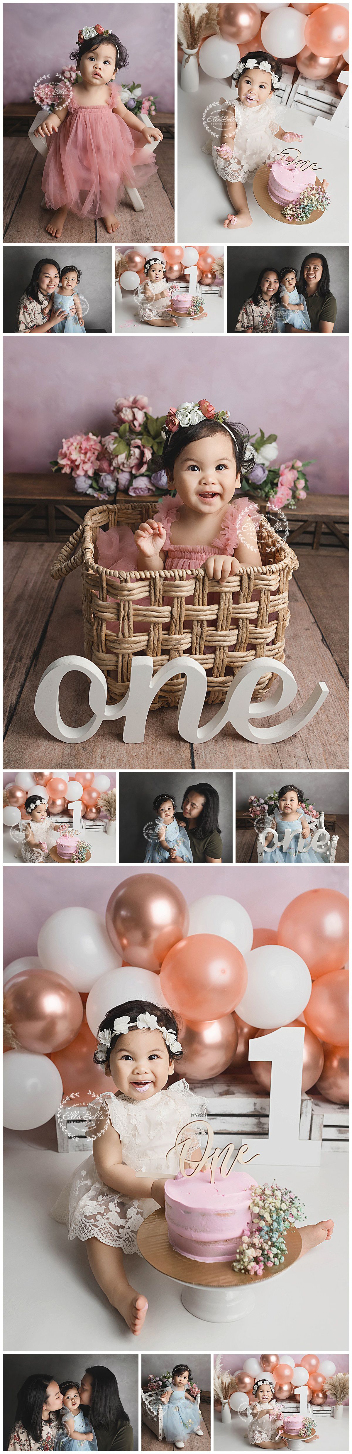 First birthday photo collage with pink and rose gold decor, basket prop and balloon arrangements.