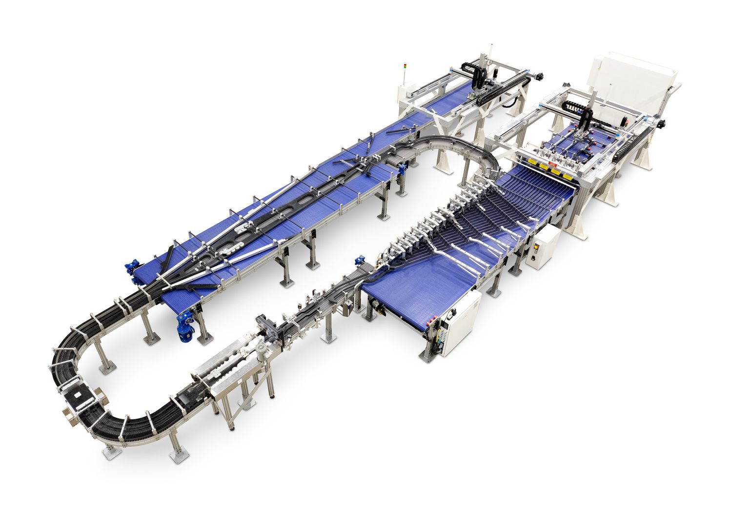 Michigan Commercial Photographer captures Industrial conveyor belt system with blue rollers and metallic framework shown from aerial view.