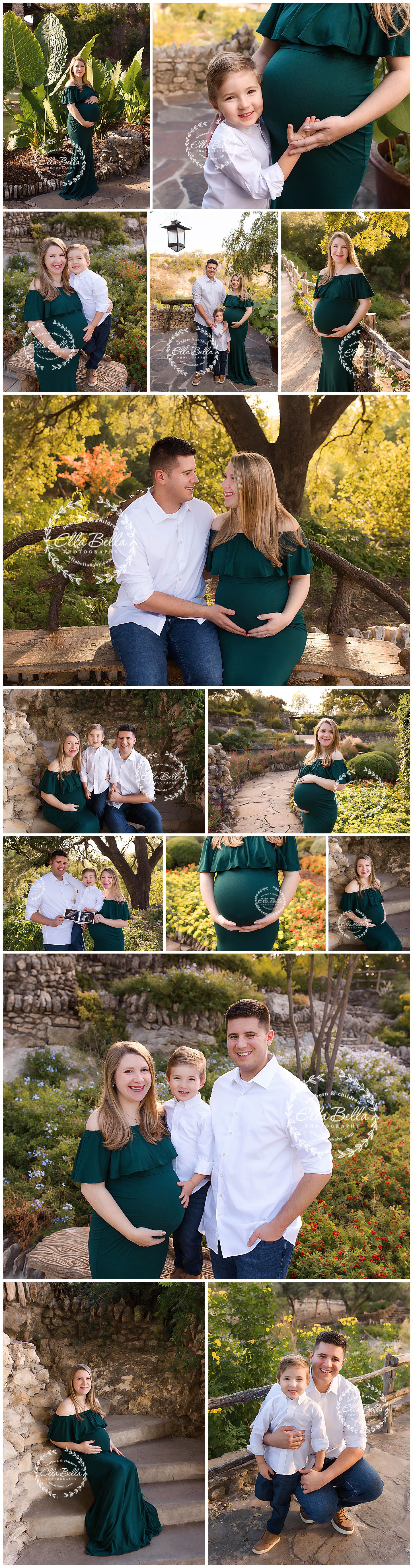 Maternity photography session in a garden setting featuring an emerald green dress and coordinated family outfits.