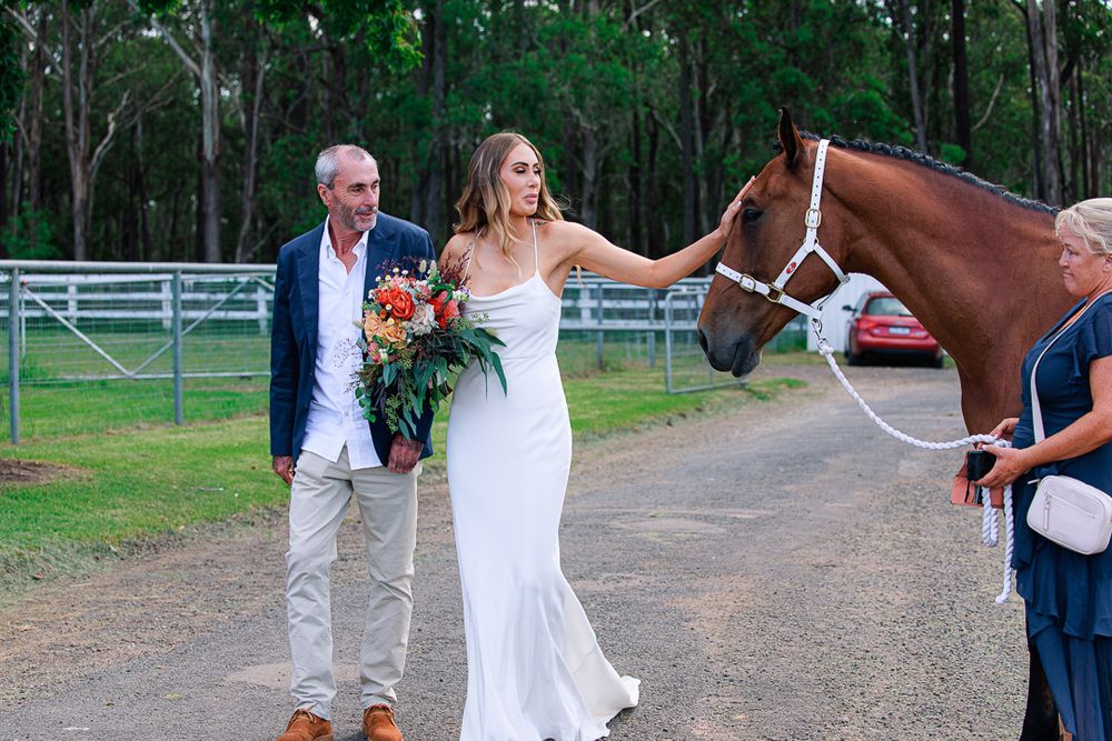 Wedding celebration with white barn and horses in rustic countryside setting.