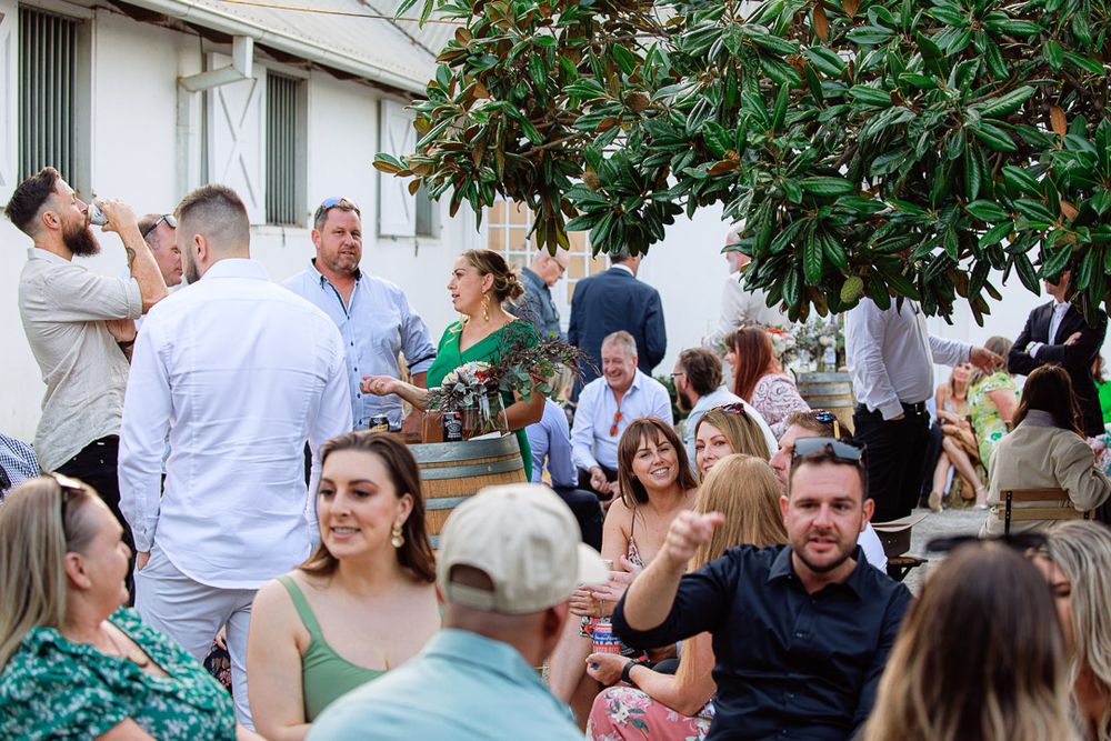 Guests mingling at an outdoor wedding reception with rustic decor and magnolia trees.