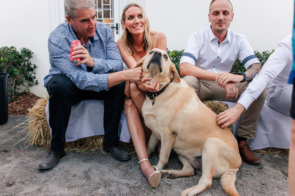 Group gathers outdoors with friendly dog during casual photoshoot.