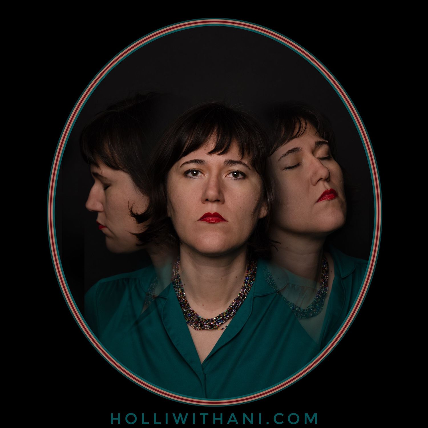 Retro Color self portrait with composite of three expressions on black background