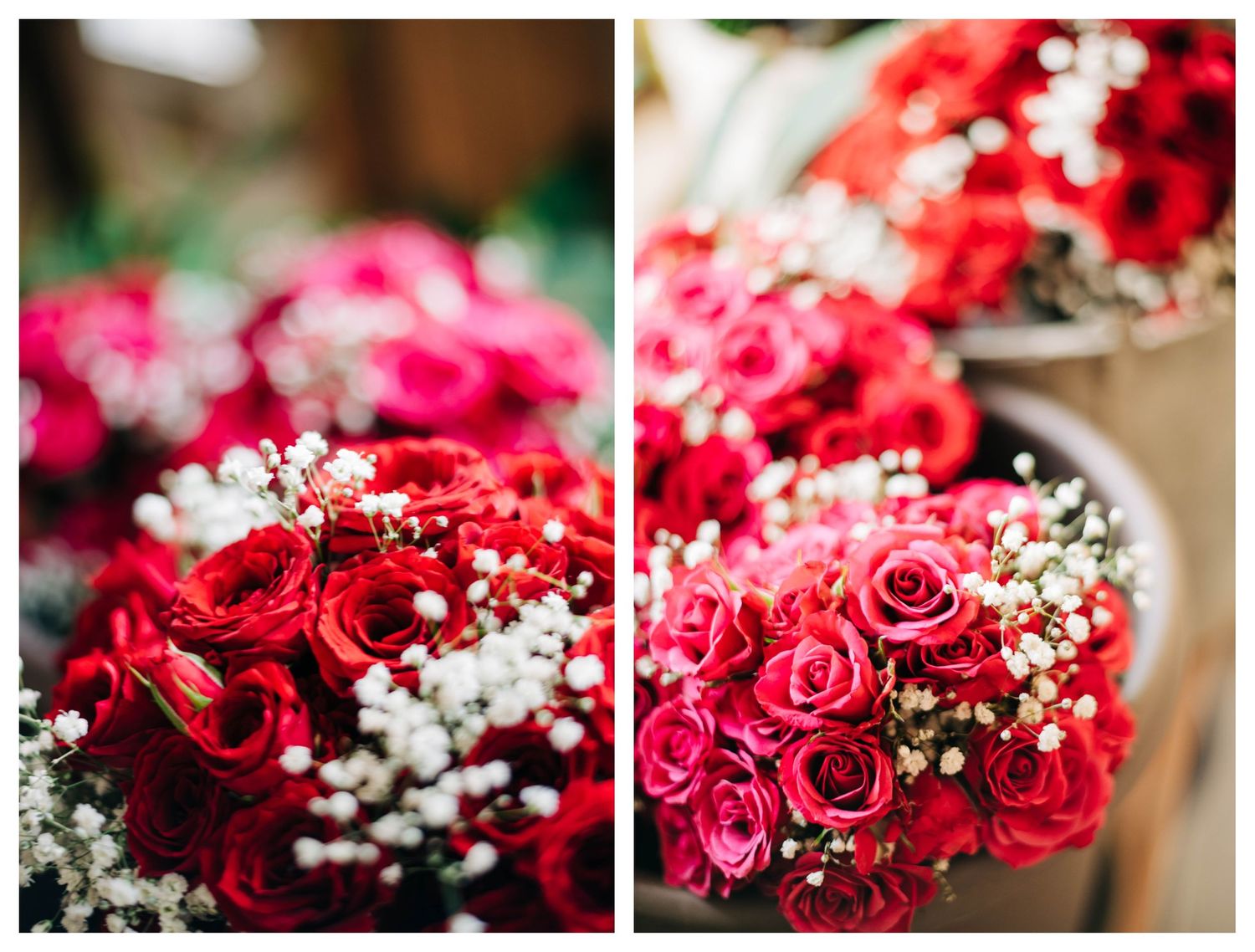 collage of red roses and pink roses with white baby's breath in silver buckets