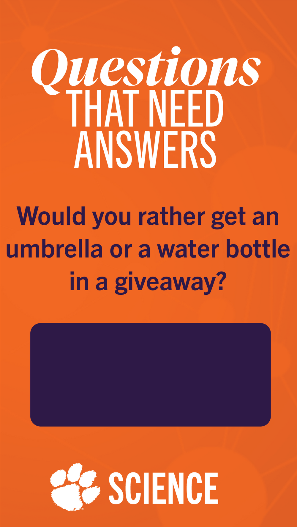 Orange social media graphic asking whether users would prefer an umbrella or water bottle in a giveaway.