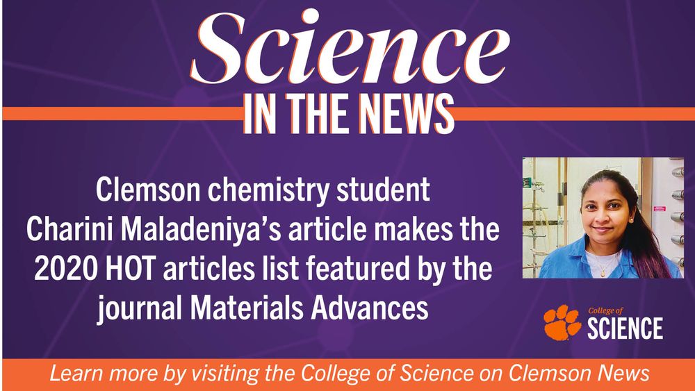 Digital news banner highlighting Clemson chemistry student research featured in Journal Materials Advances.