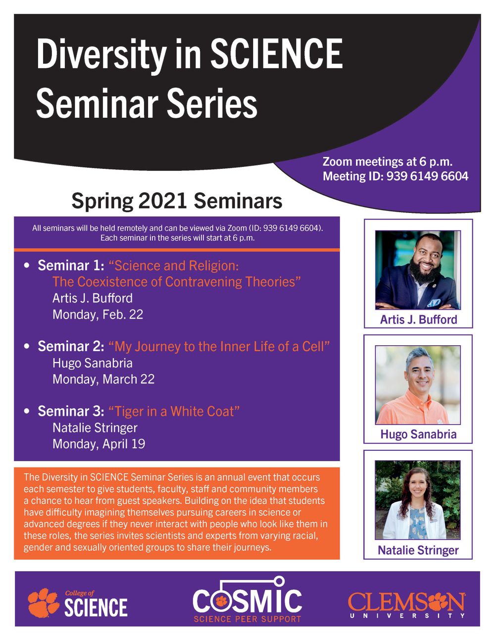 Event flyer detailing three spring 2021 Diversity in Science seminars with speaker information.
