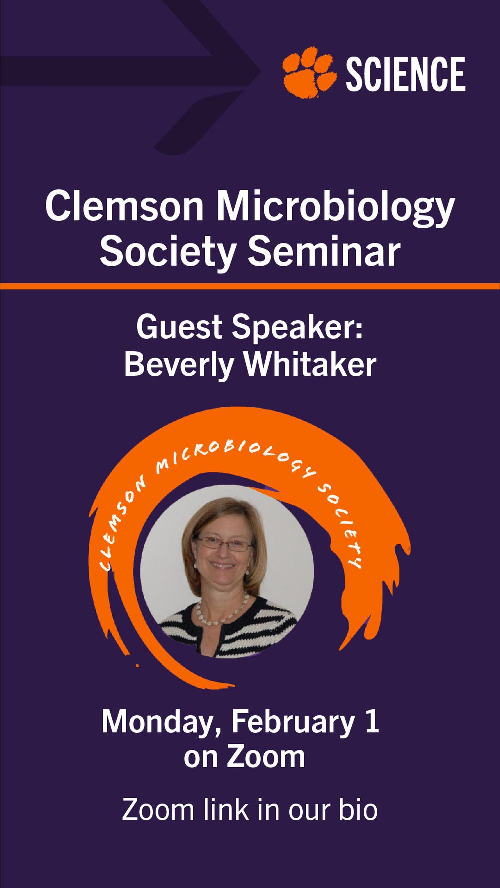Purple promotional banner for Clemson Microbiology Society seminar featuring guest speaker.