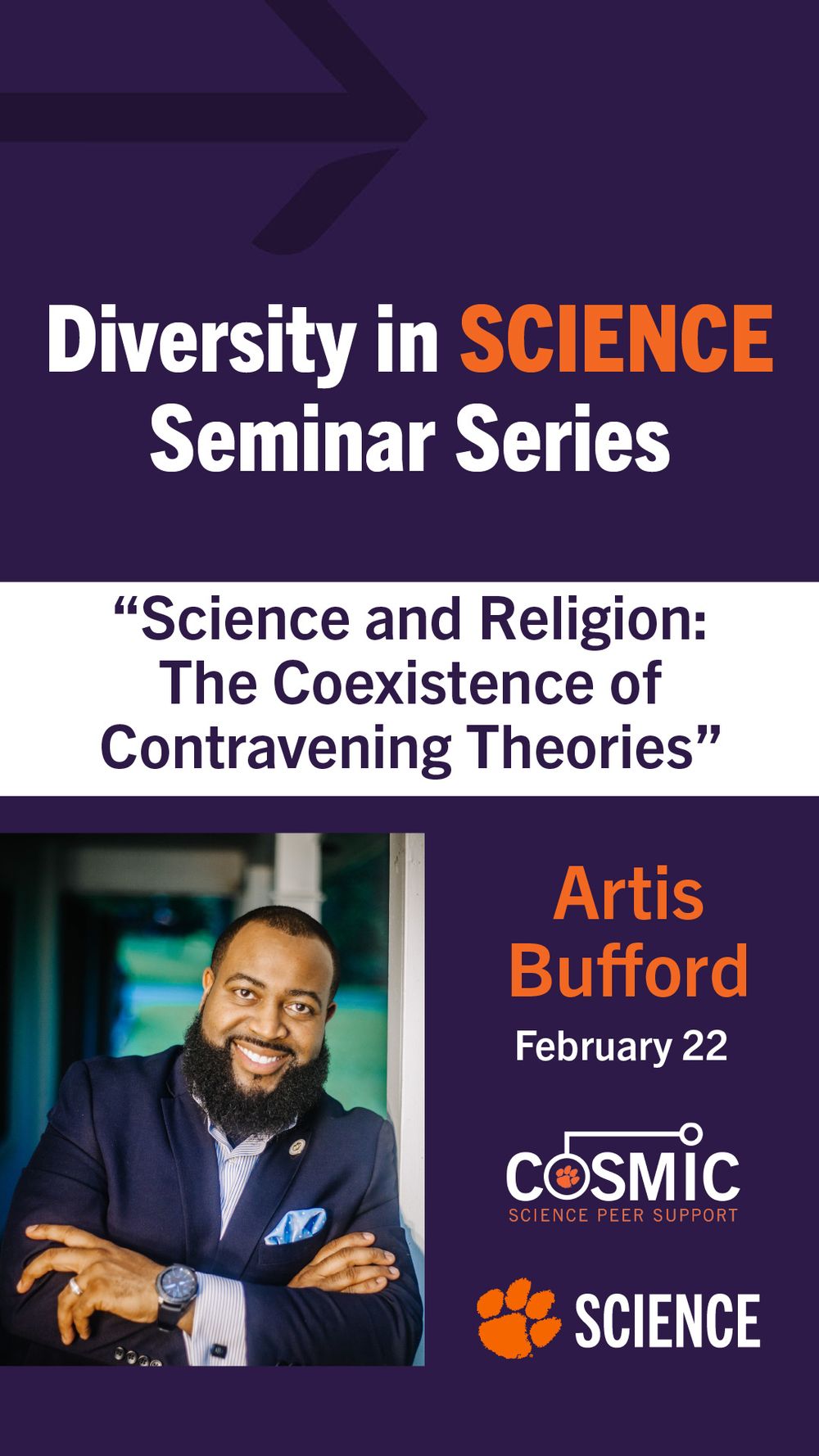Purple event poster for a Diversity in Science seminar about science and religion.