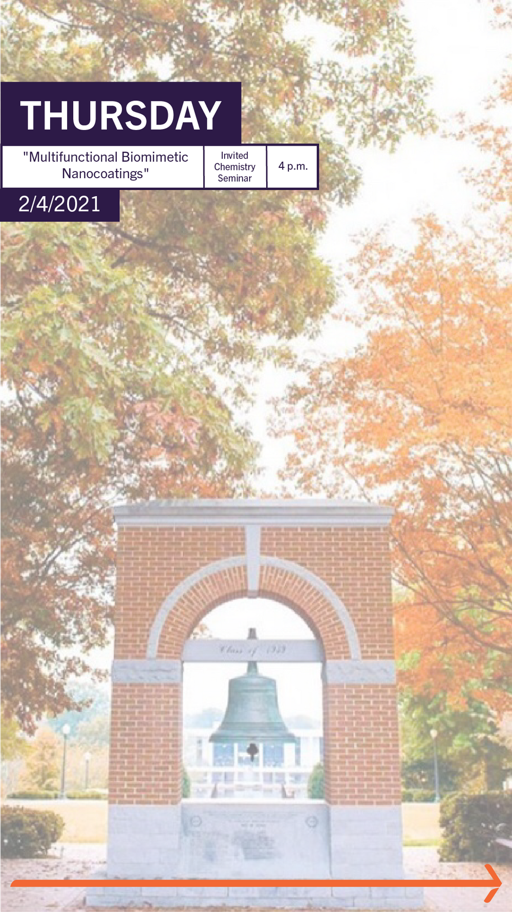 Brick archway with bell photographed during fall with orange and yellow foliage.