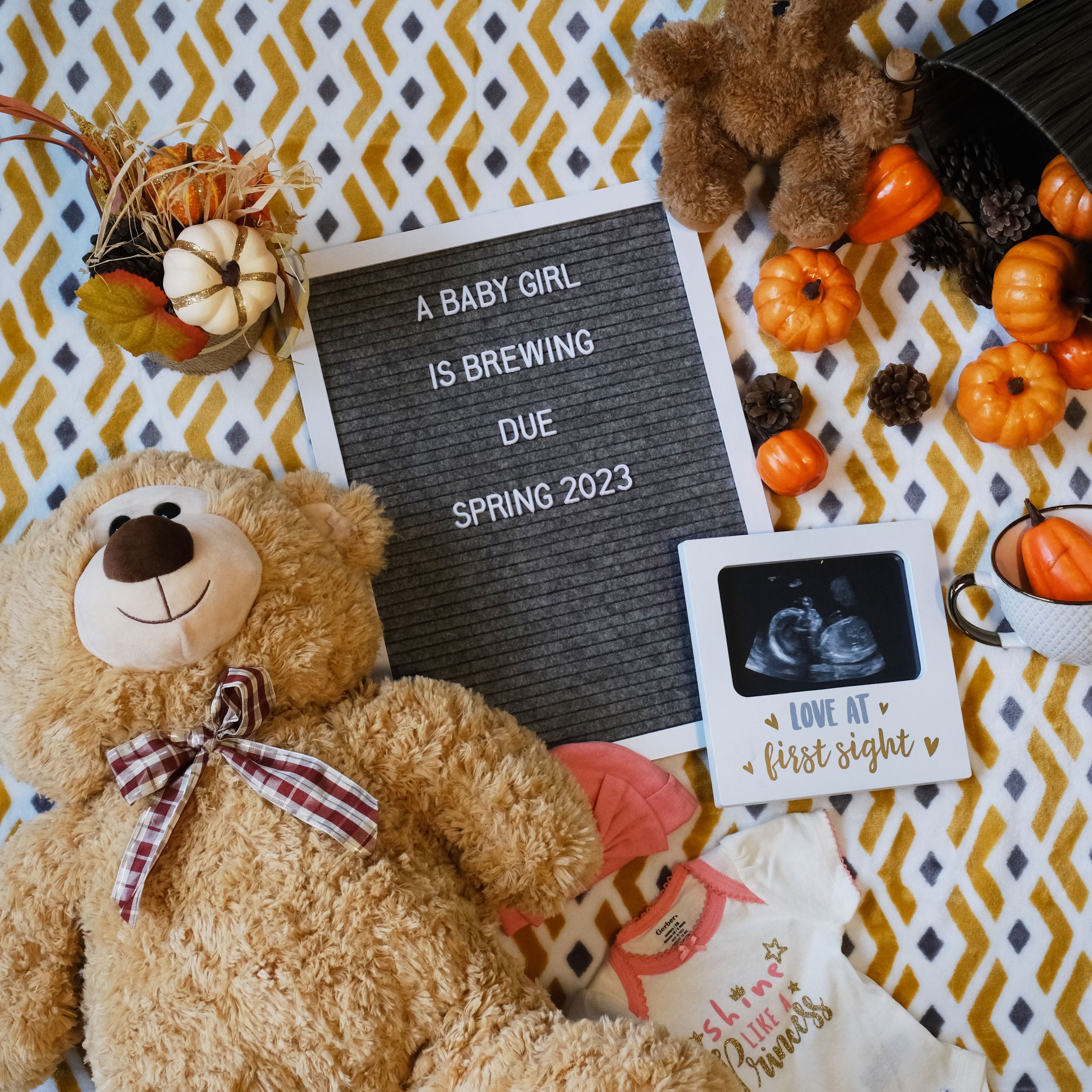 Pregnancy announcement with letterboard, teddy bear, ultrasound photo and fall decorations.