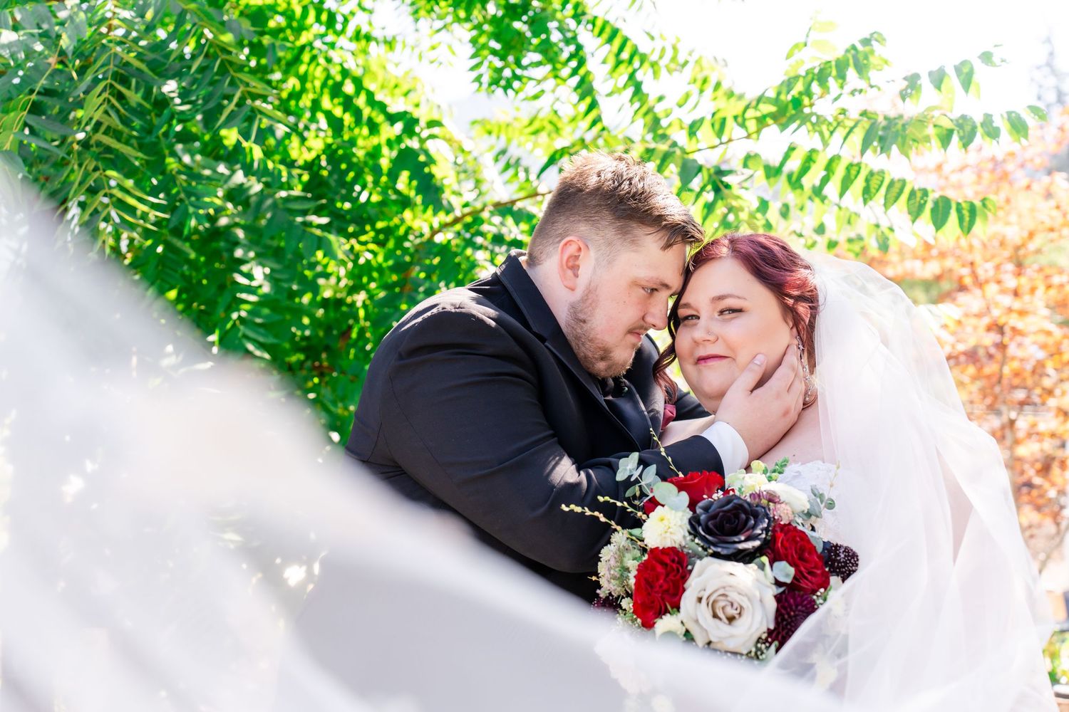 bride and groom portrait with veil
