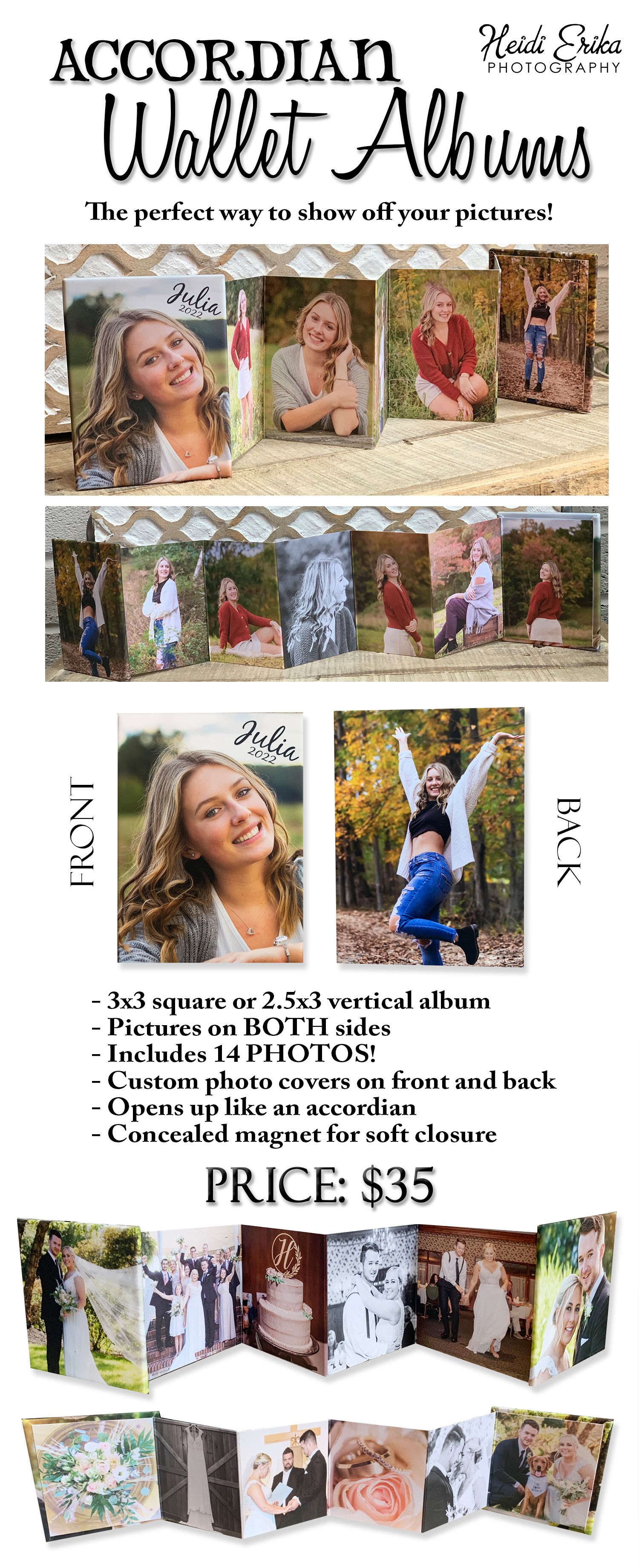 Promotional image showing different styles and formats of accordian wallet photo albums for $35.