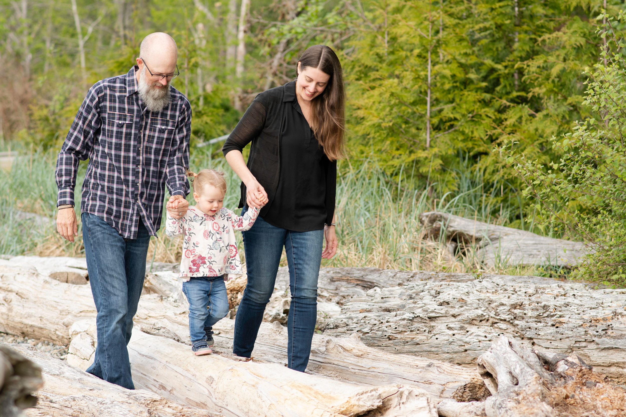 mom and dad walk their toddler across the logs holding hands at the beach framed by trees.