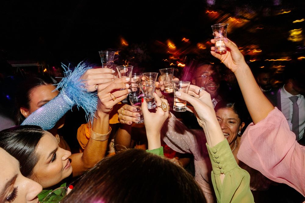 Wedding guests raising glasses for a celebratory toast during the reception.