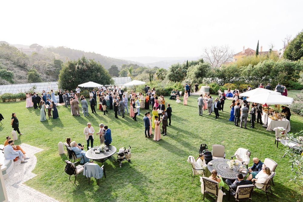 Aerial view of wedding reception with guests mingling on a sunny lawn.