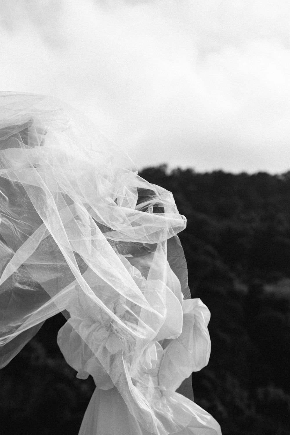 Black and white artistic detail of flowing wedding veil against mountainous background.