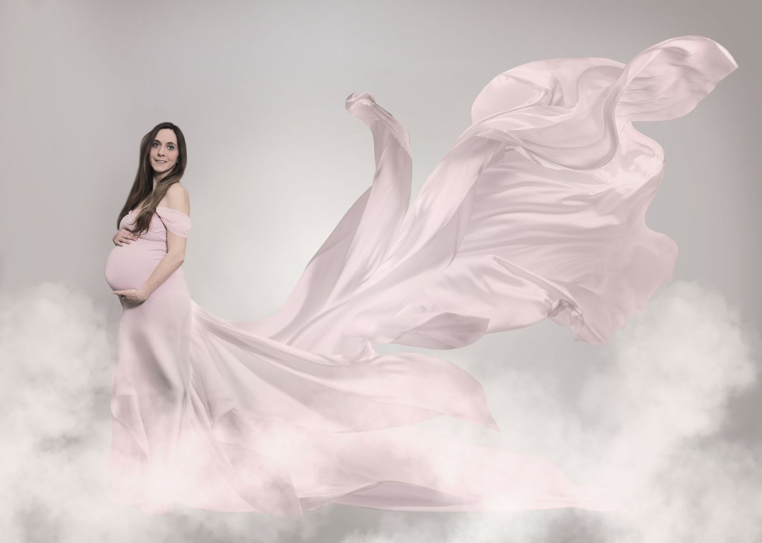 Elegant Fine Art Maternity Shoot, Pink off shoulder maternity dress, chiffon train thrown into smoke , grey backdrop