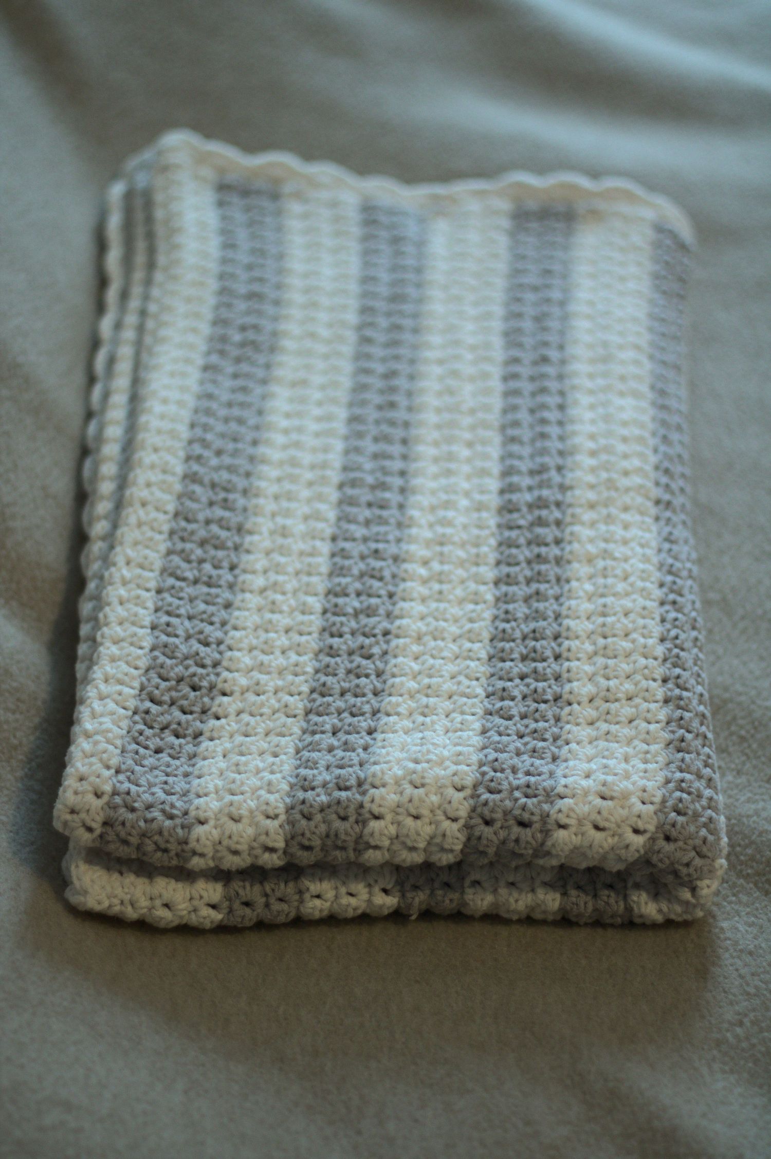 White and Gray Stripe Crochet Blanket