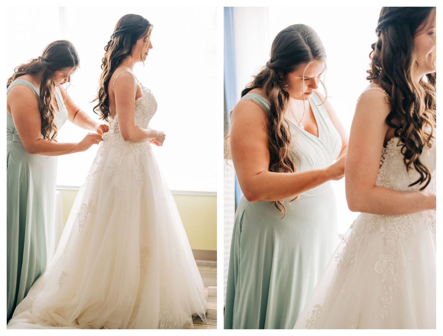 bridesmaid buttoning bride's wedding dress