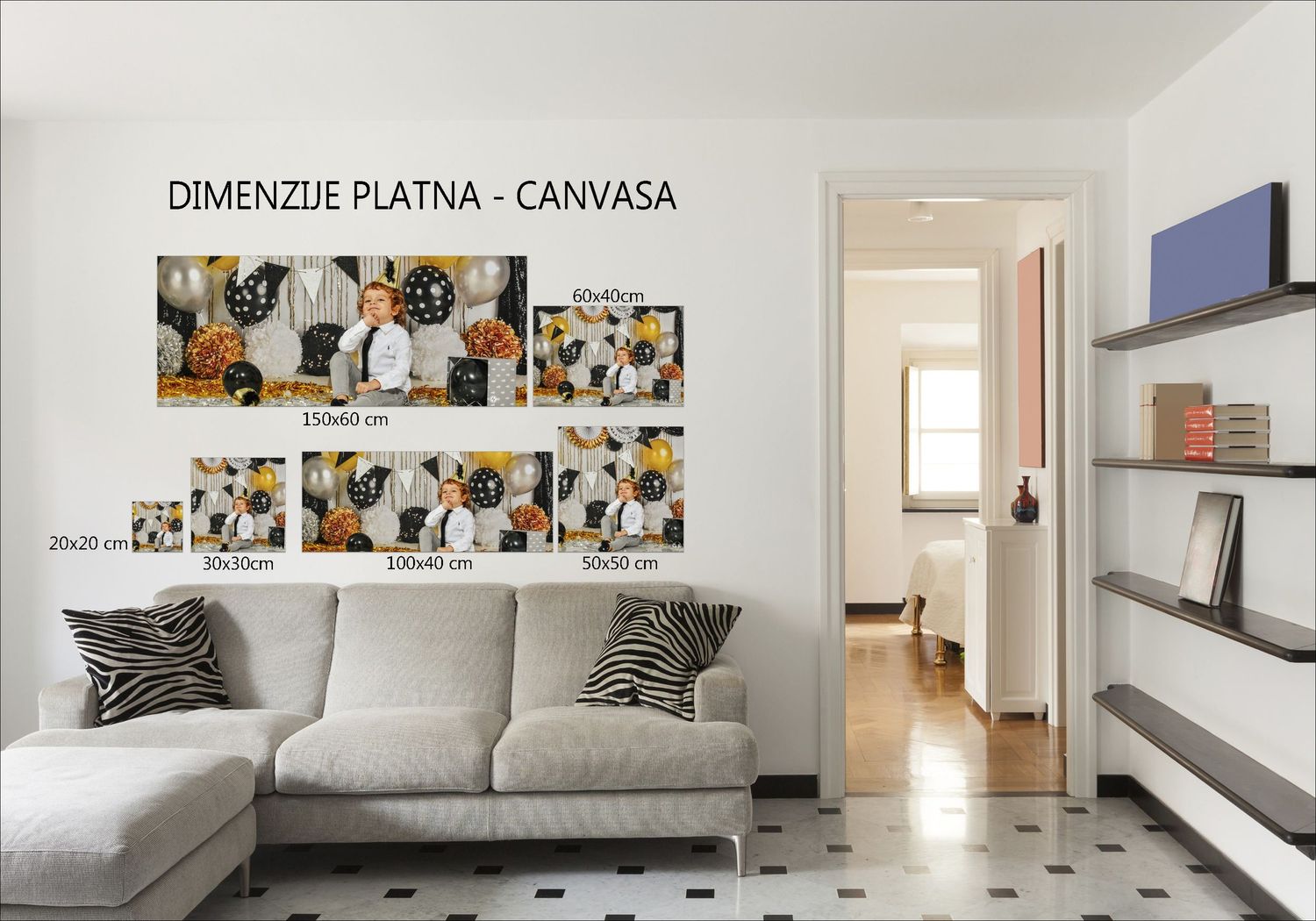 Modern living room interior with photo gallery wall and grey sectional sofa.