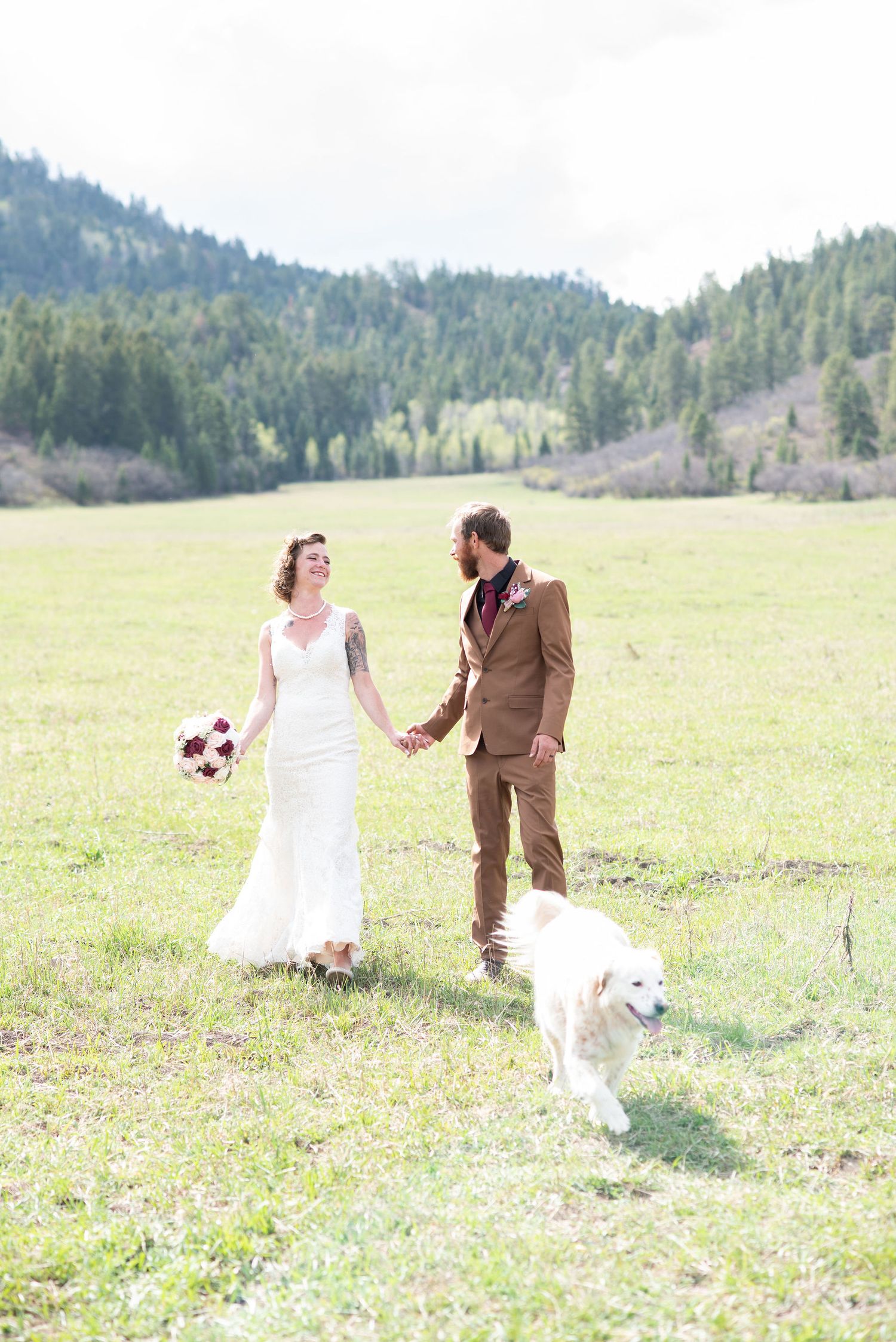 Bride and Groom walking through the mountains with their dog