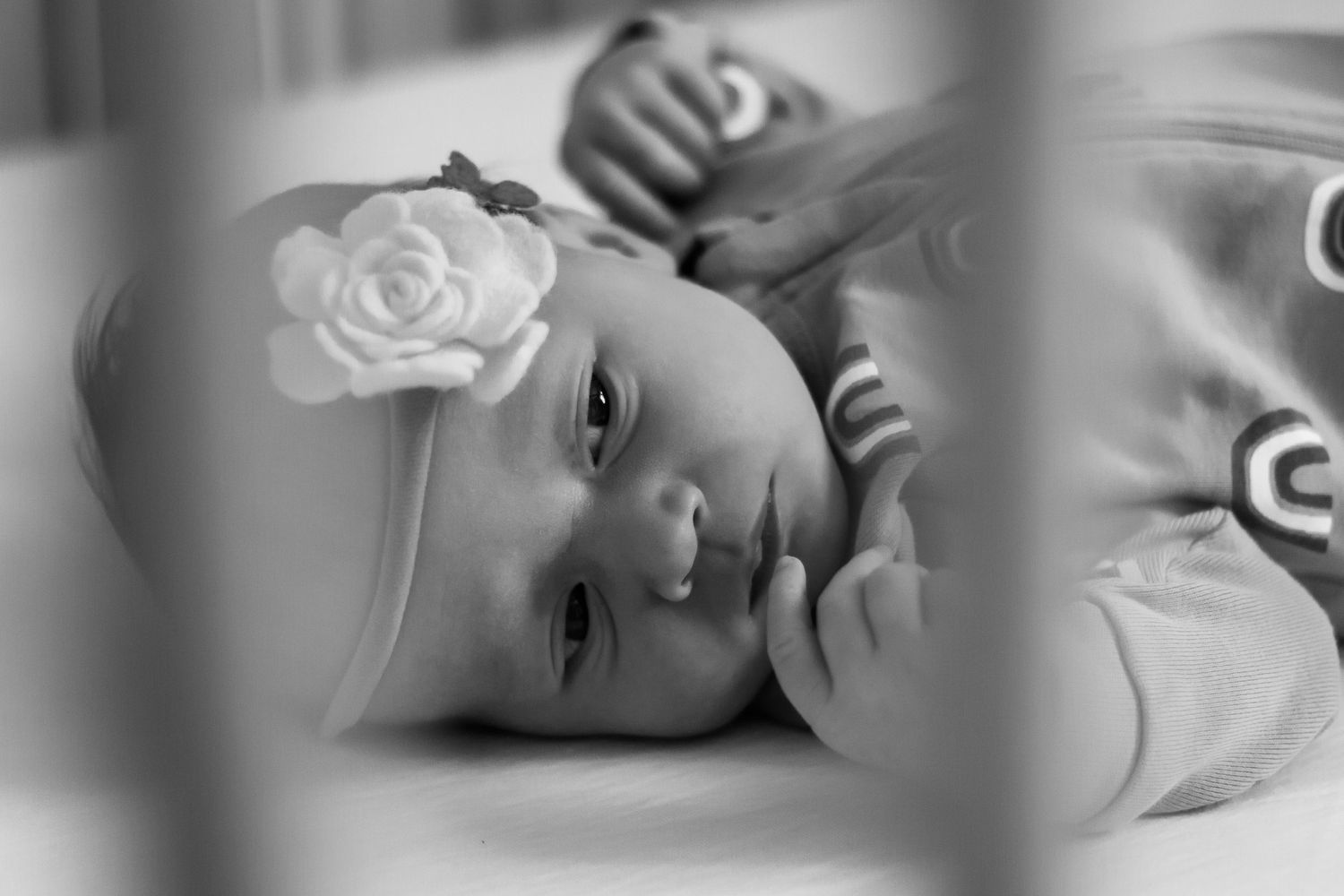Black & white portrait: Lifestyle newborn photos at home in Calgary AB.
