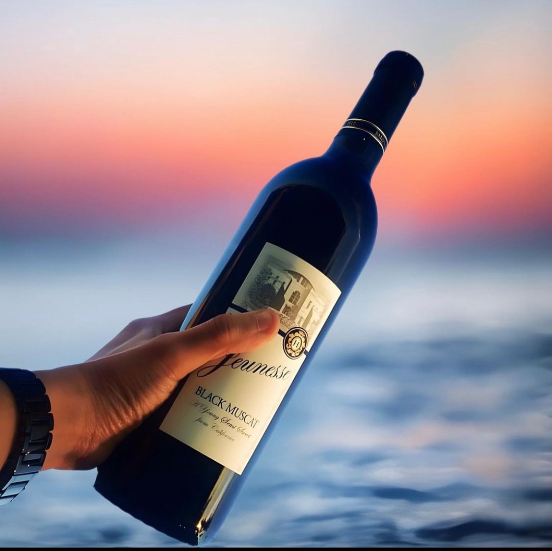 Hand holding a wine bottle silhouetted against a vibrant sunset over calm ocean waters.