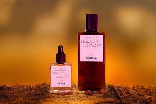 Two pink-tinted glass bottles of beauty product backlit against warm orange sunset lighting on textured ground.