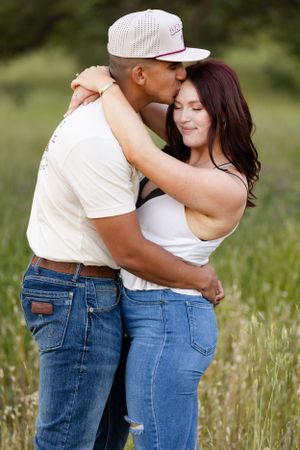 Engagement session in upper park, bidwell park, Chico, California with green grass in the background