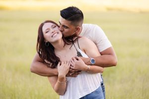 Engagement session in upper park, bidwell park, Chico, California with green grass in the background