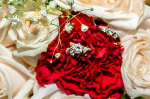 Close-up of red and white roses arranged as wedding decorations.