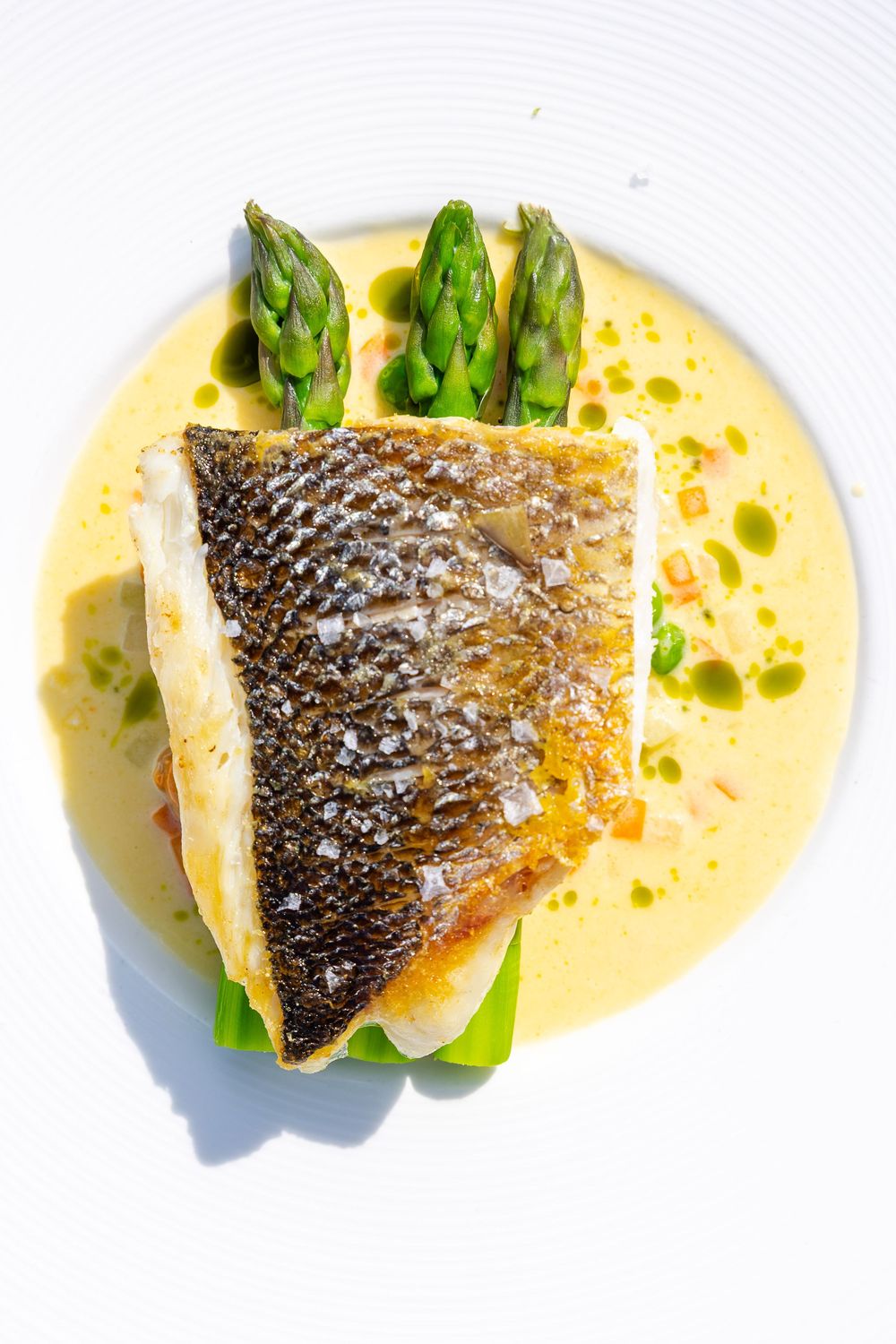 Pan-seared fish fillet served with asparagus tips in a creamy yellow sauce, presented on a white plate in bright, natural light.