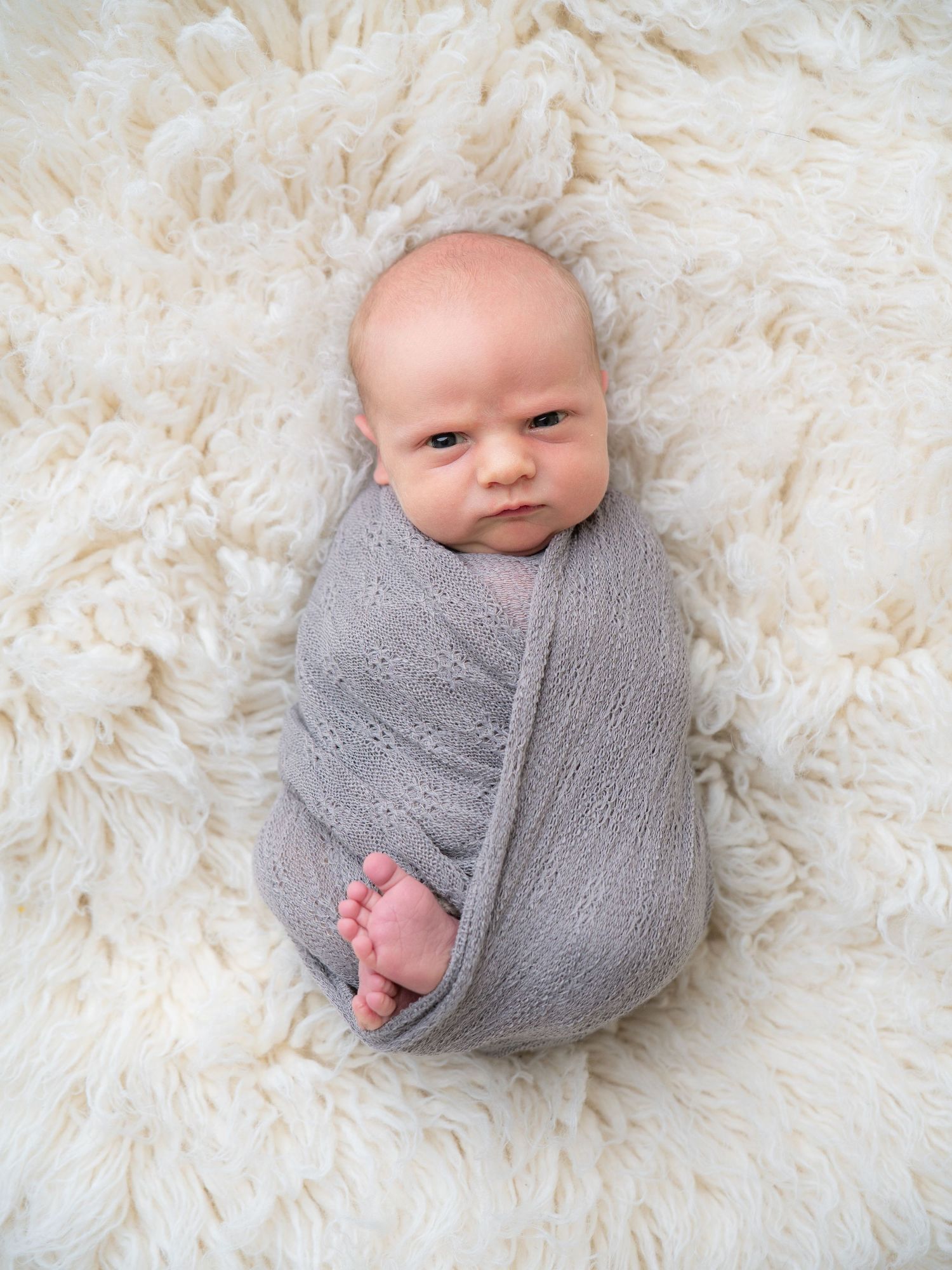 Newborn baby swaddled in gray wrap lying on fluffy white blanket during professional newborn photography session.
