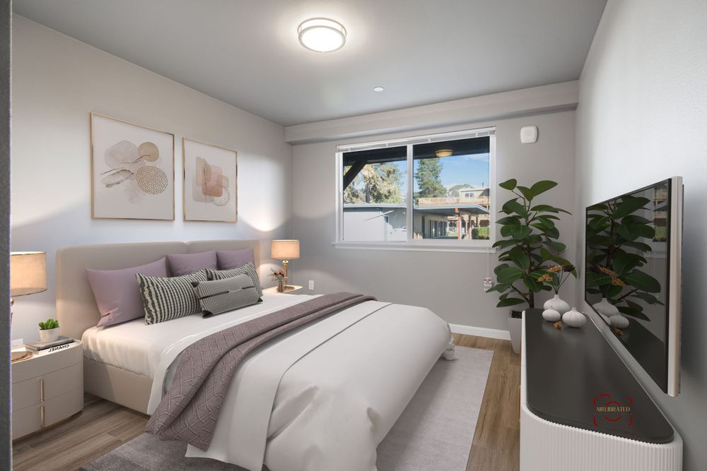 Cozy bedroom with gray bedding, modern decor, and potted plants near window.