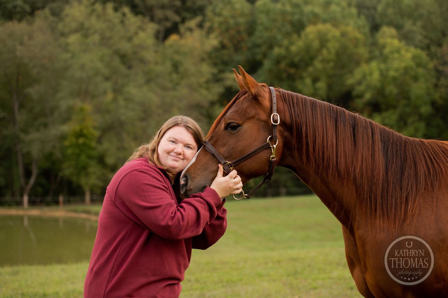 Sweet interaction between chestnut horse and person wearing burgundy sweatshirt in outdoor setting.