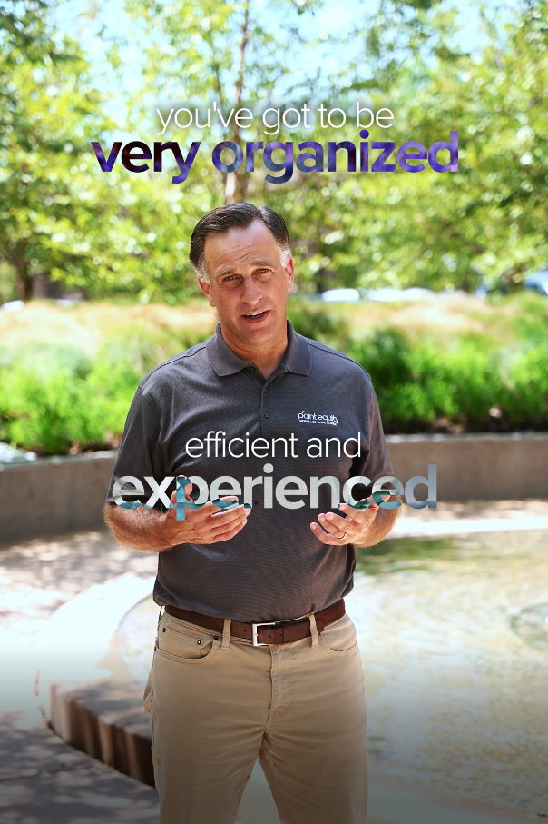 Man in gray polo shirt speaking outdoors with text overlays about being organized, efficient and experienced.