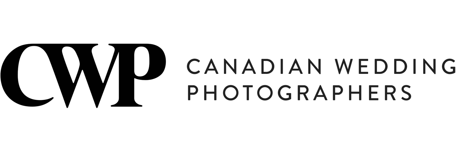 Elegant monochrome text logo design reading 'Canadian Wedding Photographers' against a dark background.