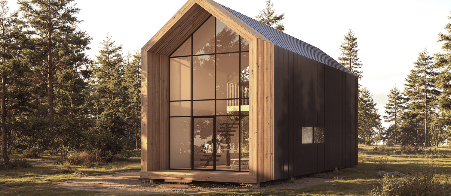 Sleek container-style home with black metal cladding and horizontal window design in desert setting.