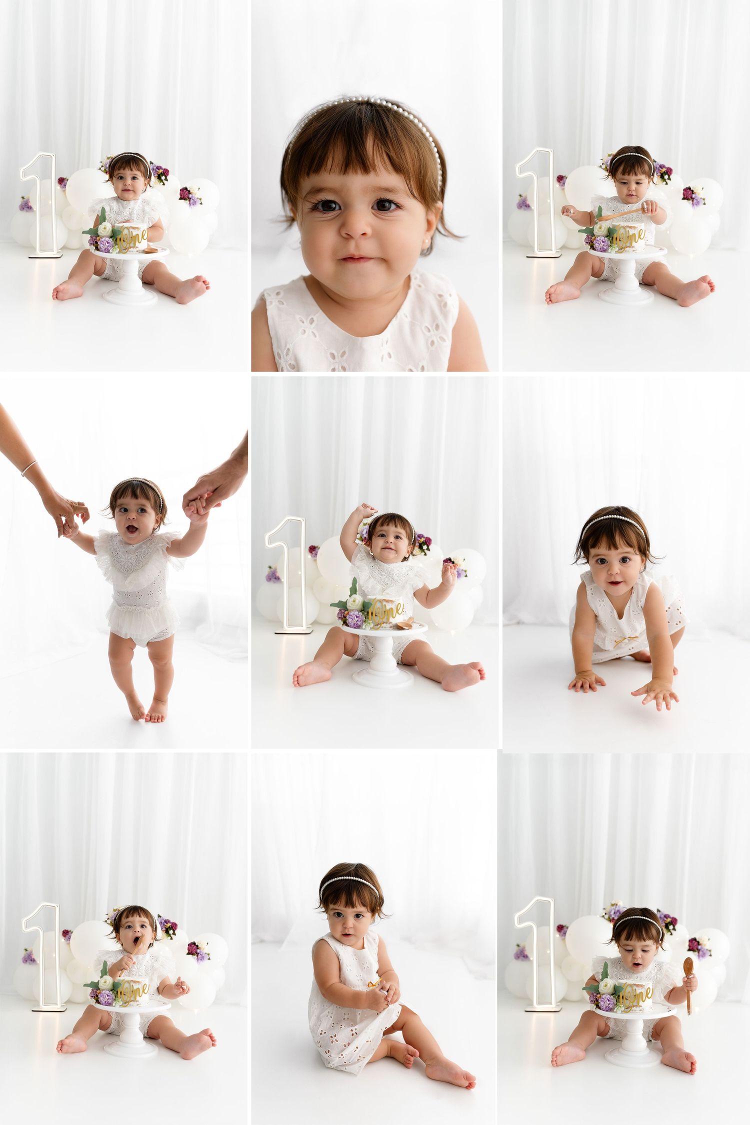 Baby in white dress poses against light background in multi-photo collage showing different expressions and poses.