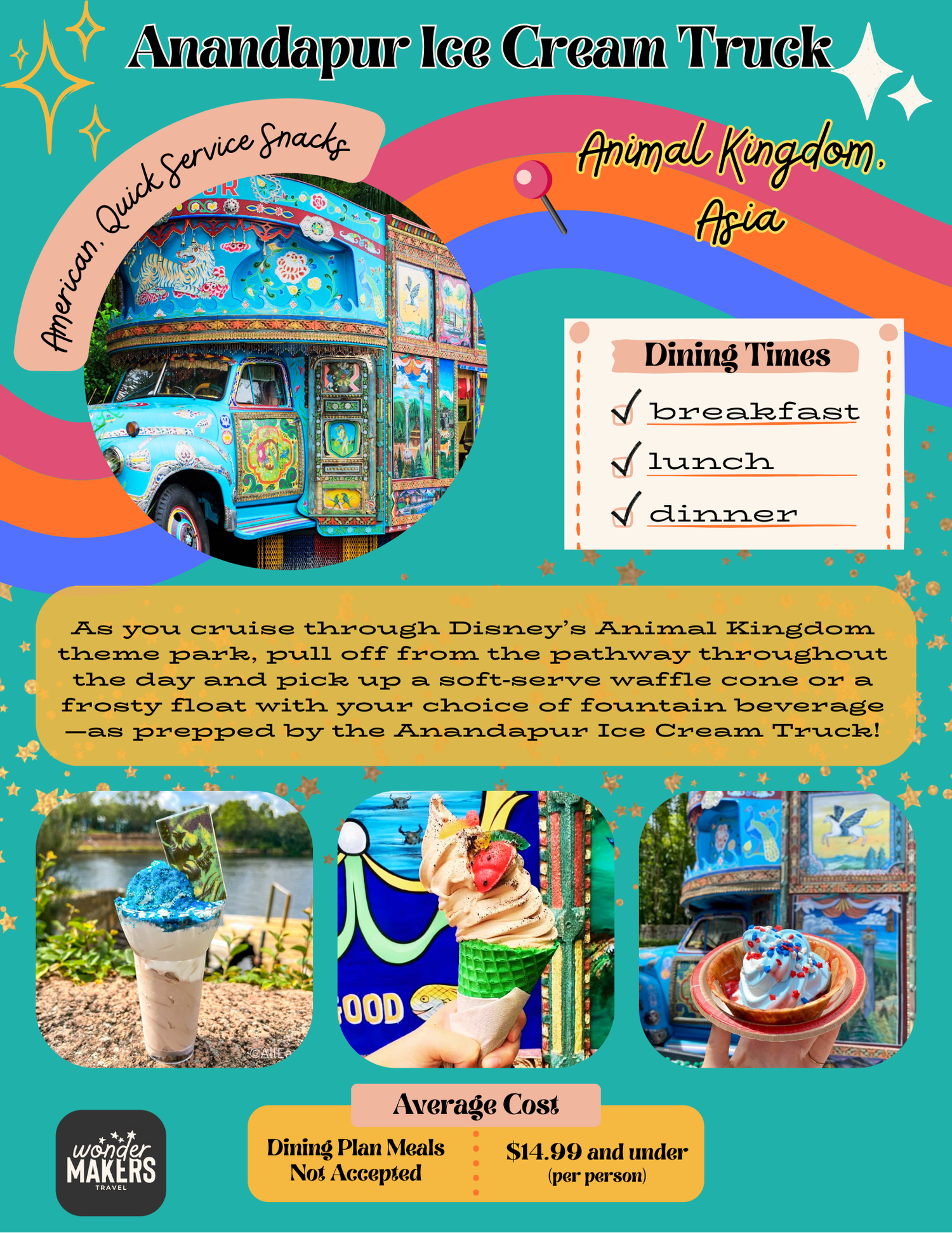 A colorful advertisement for Anandapur Ice Cream Truck at Disney's Animal Kingdom showing menu hours and prices.