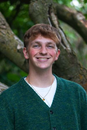 A portrait of a senior boy in a green sweater with a tree in the background