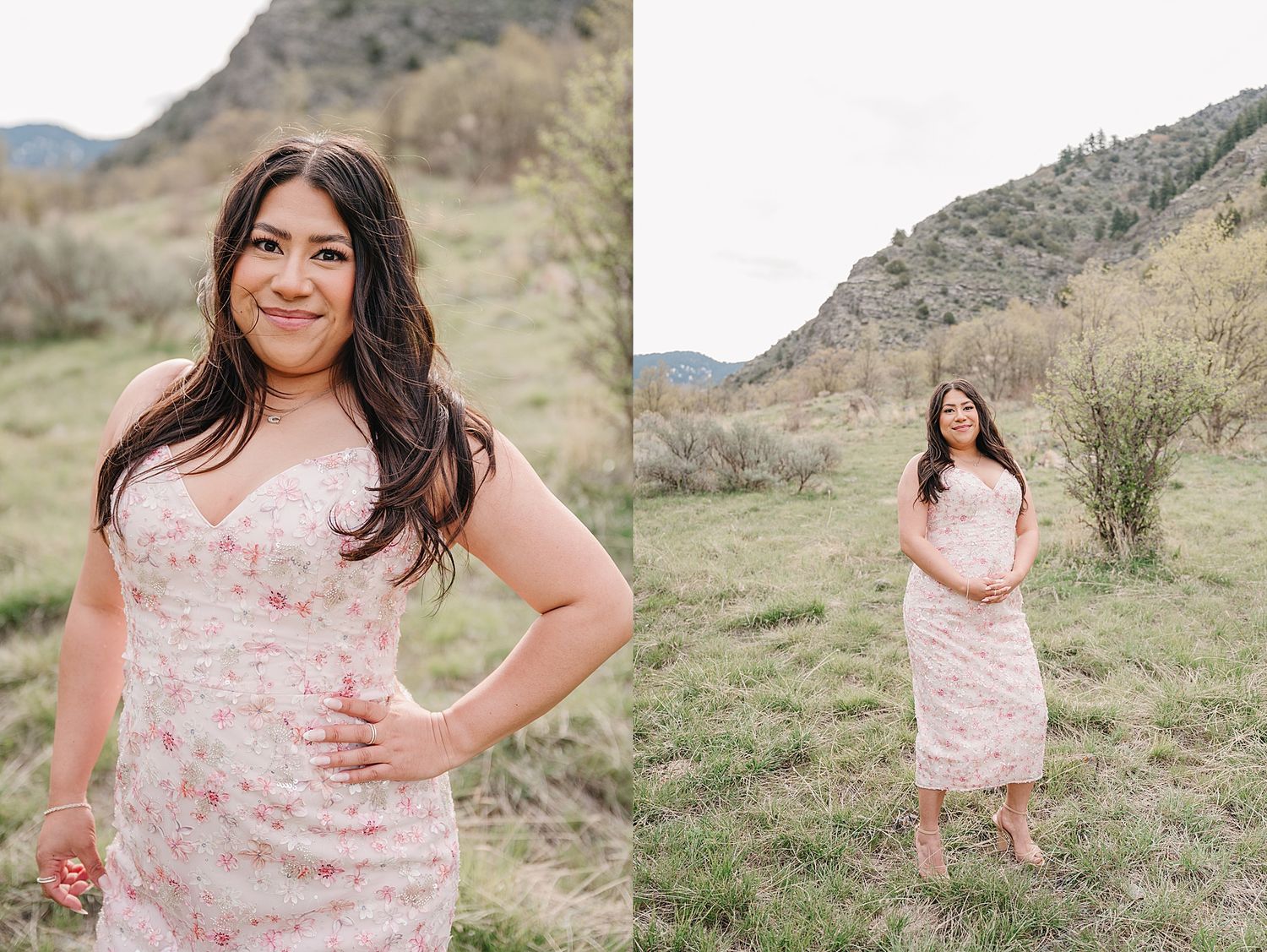Pink floral dress on a desert hillside with rugged mountains and desert brush in the background.