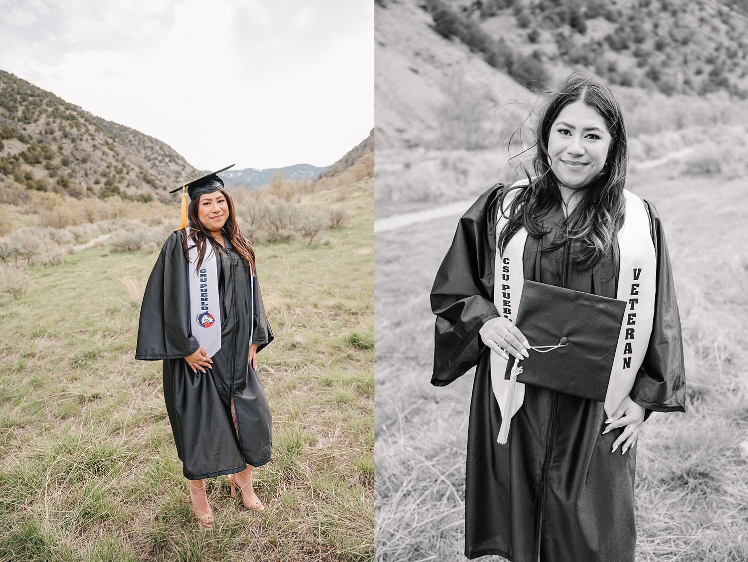 Graduate in traditional cap and gown poses in scenic mountain landscape with natural terrain in background.