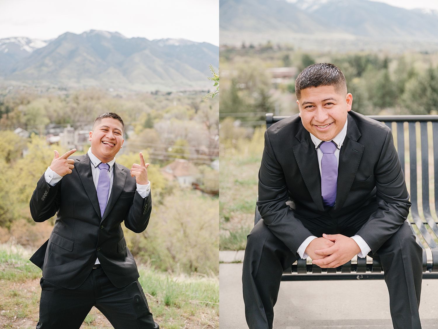 Professional outdoor photography session showcasing formal attire with mountain landscape backdrop in natural lighting.
