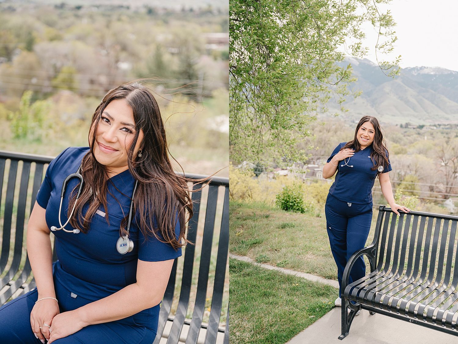 Healthcare worker in blue scrubs poses on outdoor bench against scenic mountain backdrop in natural setting.